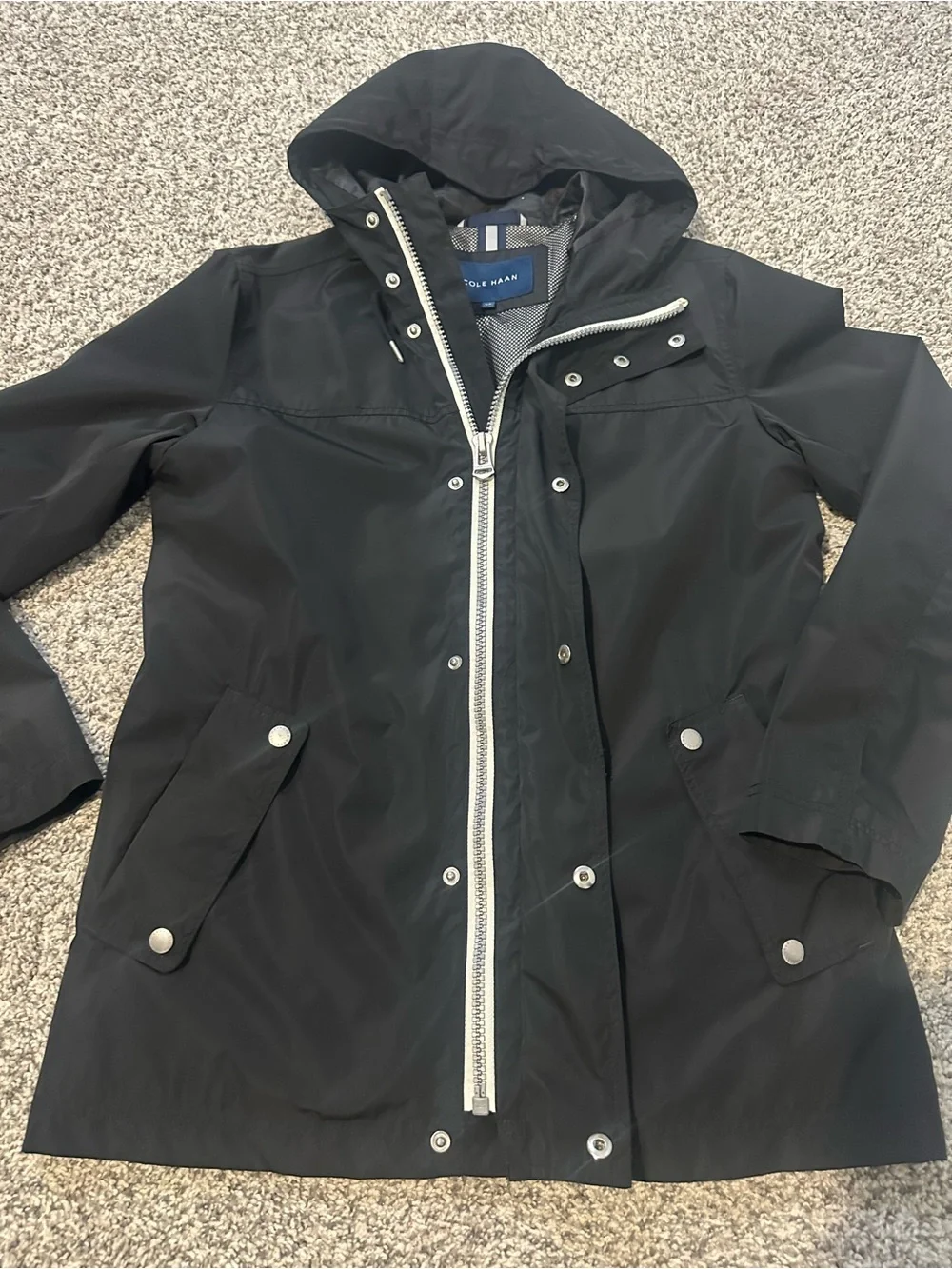 Cole Haan Black Hooded Raincoat with Snap and Zip Closure